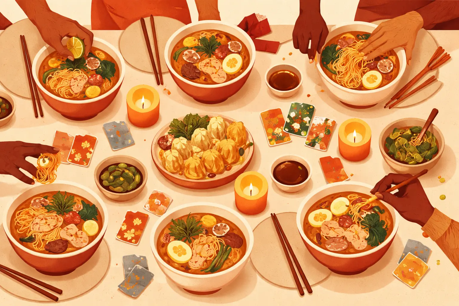 Freunde am gedeckten Tisch mit dampfenden Ramen-Schüsseln und BorgWerk-Aufgabenkarten